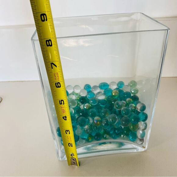 VINTAGE Square Rectangle Aquarium Glass Vase Green Round Pebble Marbles Decor - Picture 5 of 5